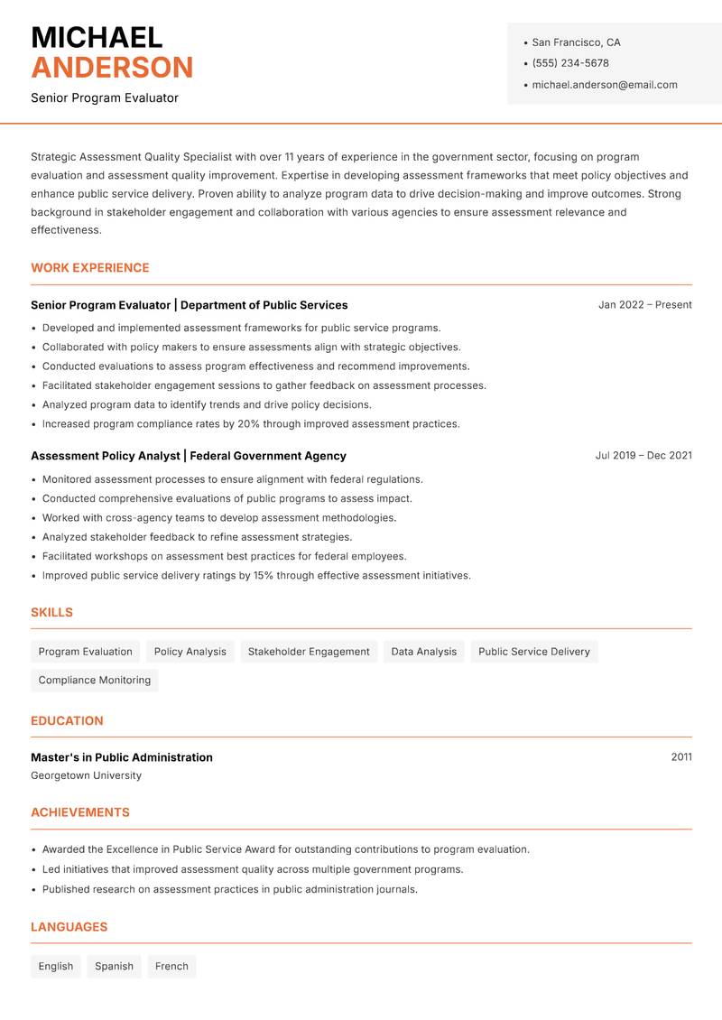 Assessment Quality Specialist resume template — Modern Professional