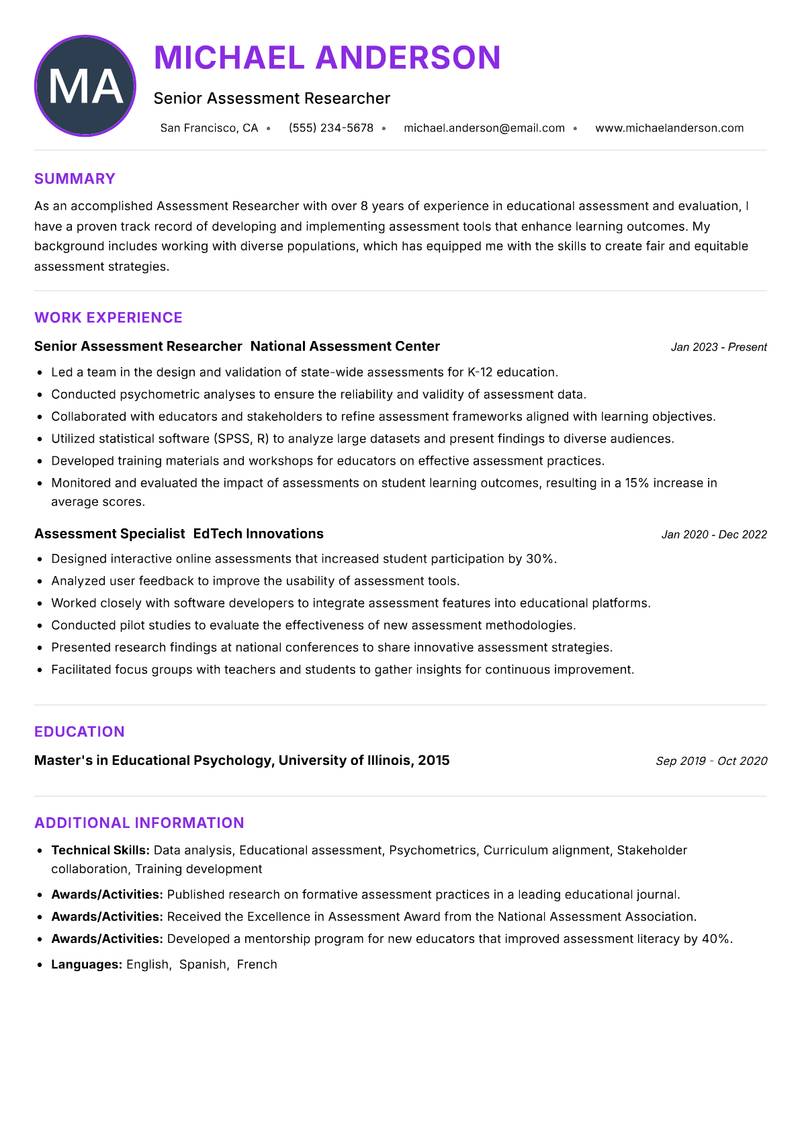 Assessment Researcher resume example — Educational Research