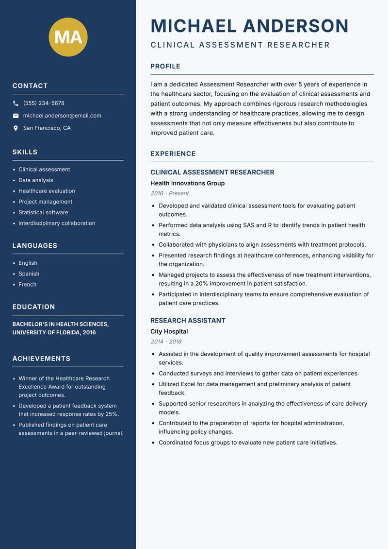 Assessment Researcher resume template — Classic Clean
