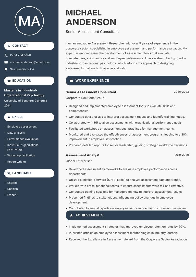 Assessment Researcher resume template — Compact