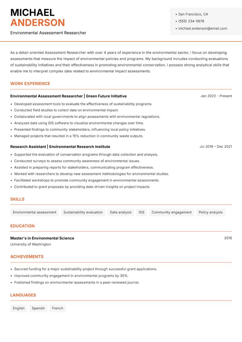 Assessment Researcher resume template — Modern Professional