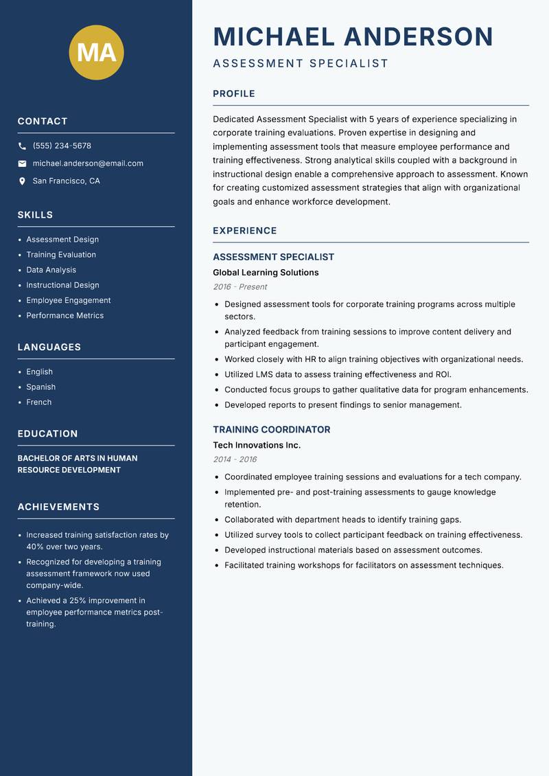 Assessment Specialist resume template — Classic Clean