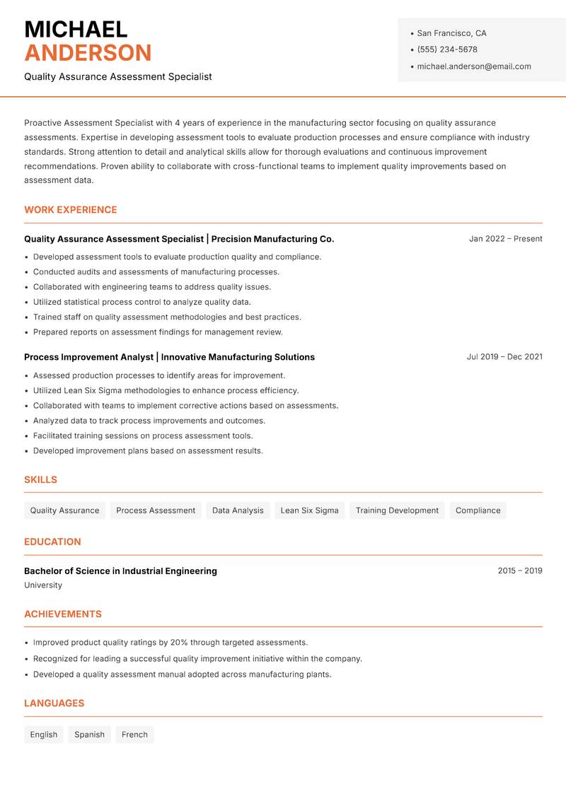 Assessment Specialist resume template — Modern Professional