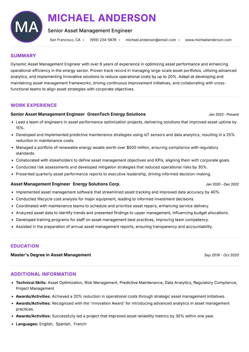 Asset Management Engineer resume example — Industrial Engineering
