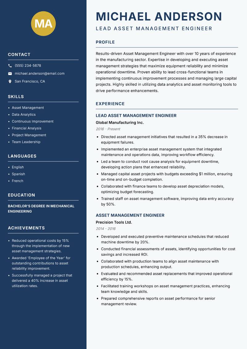 Asset Management Engineer resume template — Classic Clean