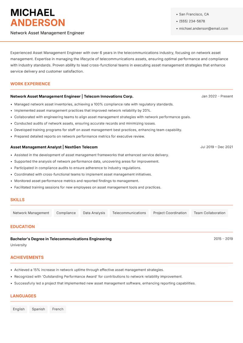 Asset Management Engineer resume template — Modern Professional