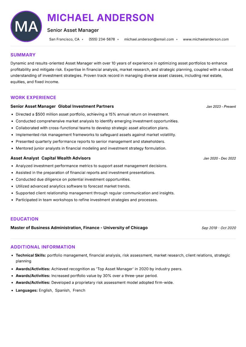 Asset Manager resume example — ATS-friendly template