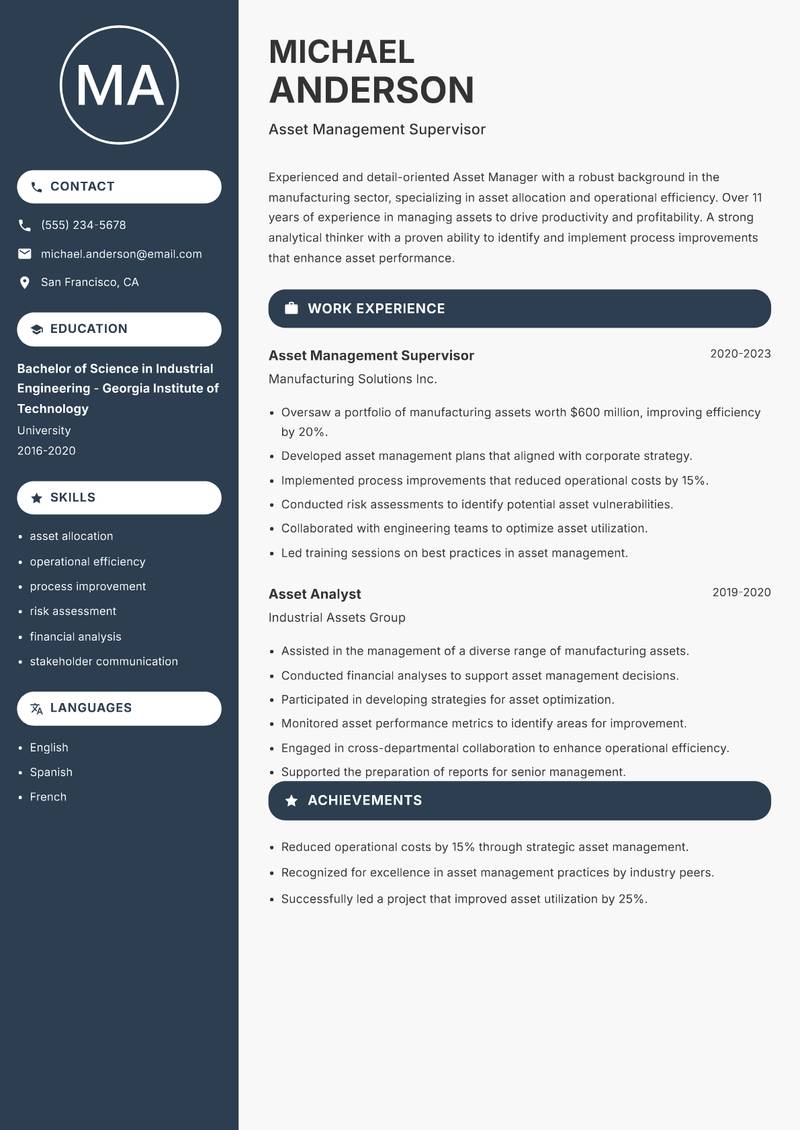 Asset Manager resume template — Compact