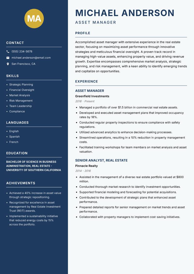 Asset Manager Real Estate resume template — Classic Clean