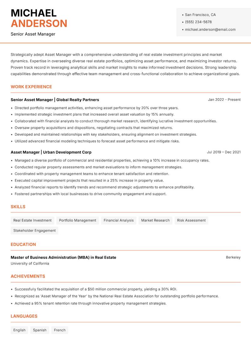 Asset Manager Real Estate resume template — Modern Professional