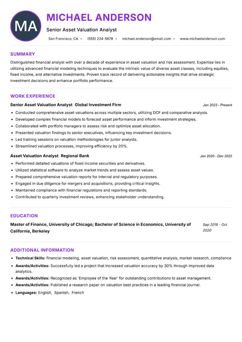 Asset Valuation Analyst resume example — Valuation & Surveying
