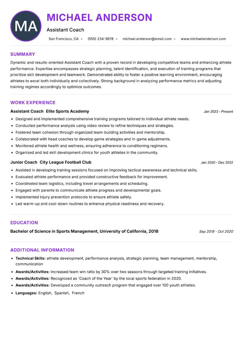 Assistant Coach resume example — Coaching & Training