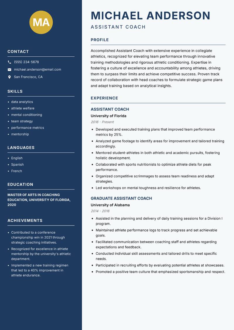 Assistant Coach resume template — Classic Clean