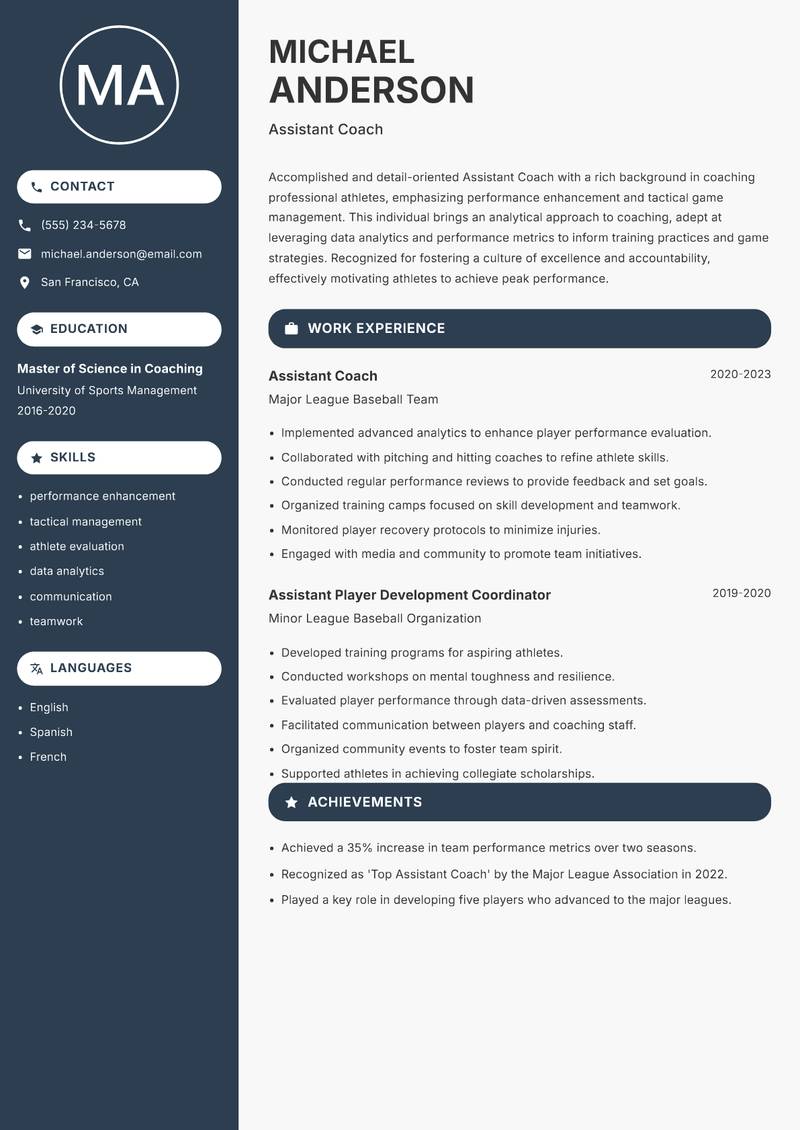 Assistant Coach Professional Sports resume template — Compact