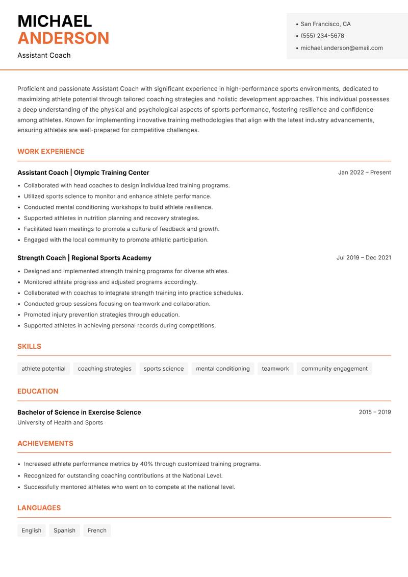 Assistant Coach Professional Sports resume template — Modern Professional