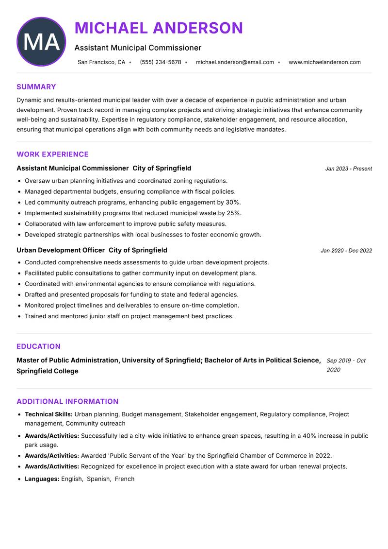Assistant Municipal Commissioner resume example — ATS-friendly template
