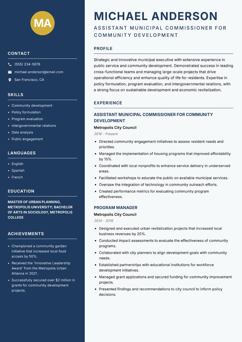Assistant Municipal Commissioner resume template — Classic Clean