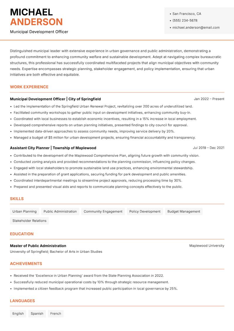 Assistant Municipal Commissioner resume template — Modern Professional
