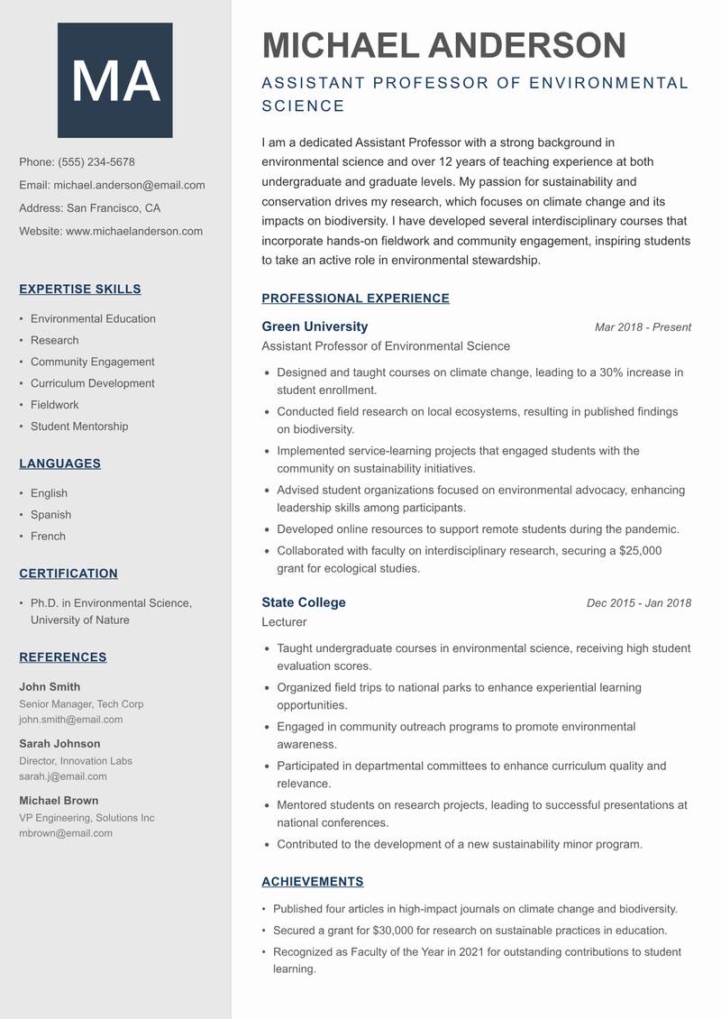 Assistant Professor resume template — Creative Minimal