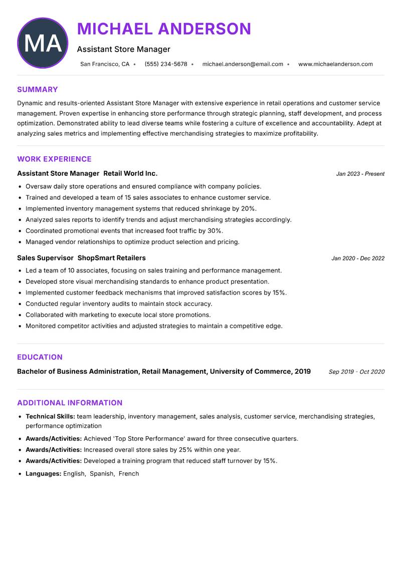Assistant Store Manager resume example — ATS-friendly template