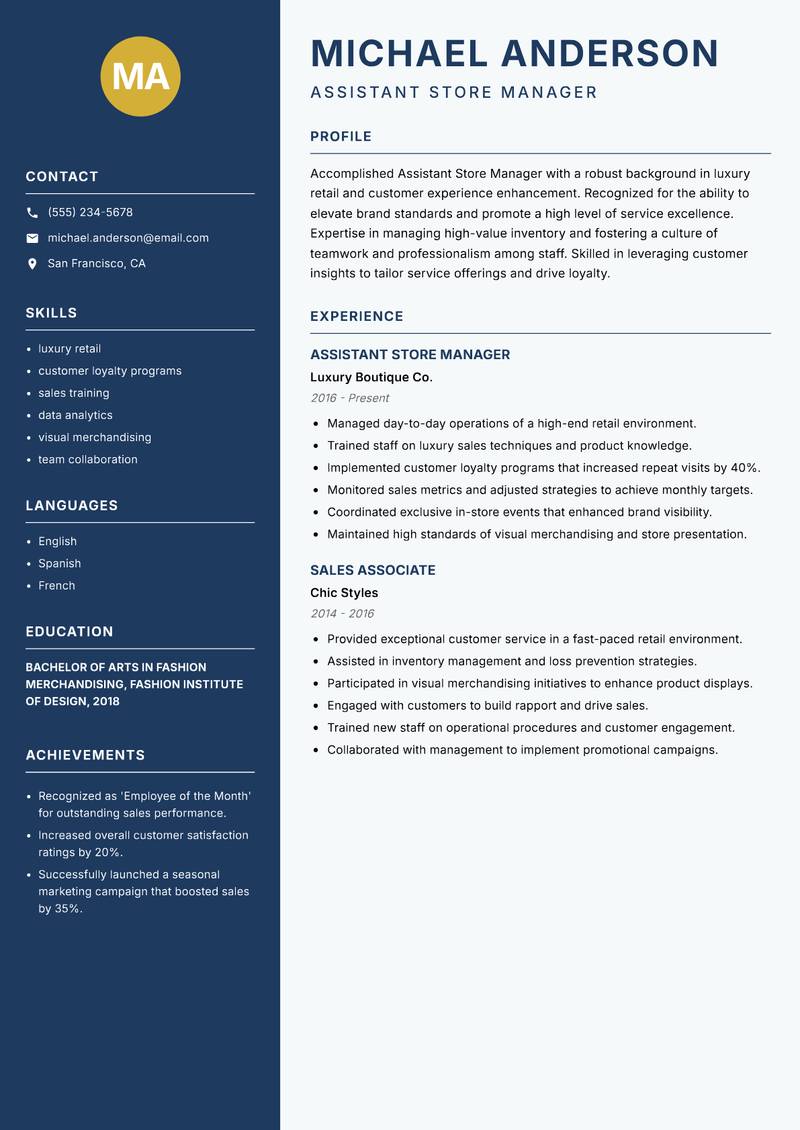 Assistant Store Manager resume template — Classic Clean