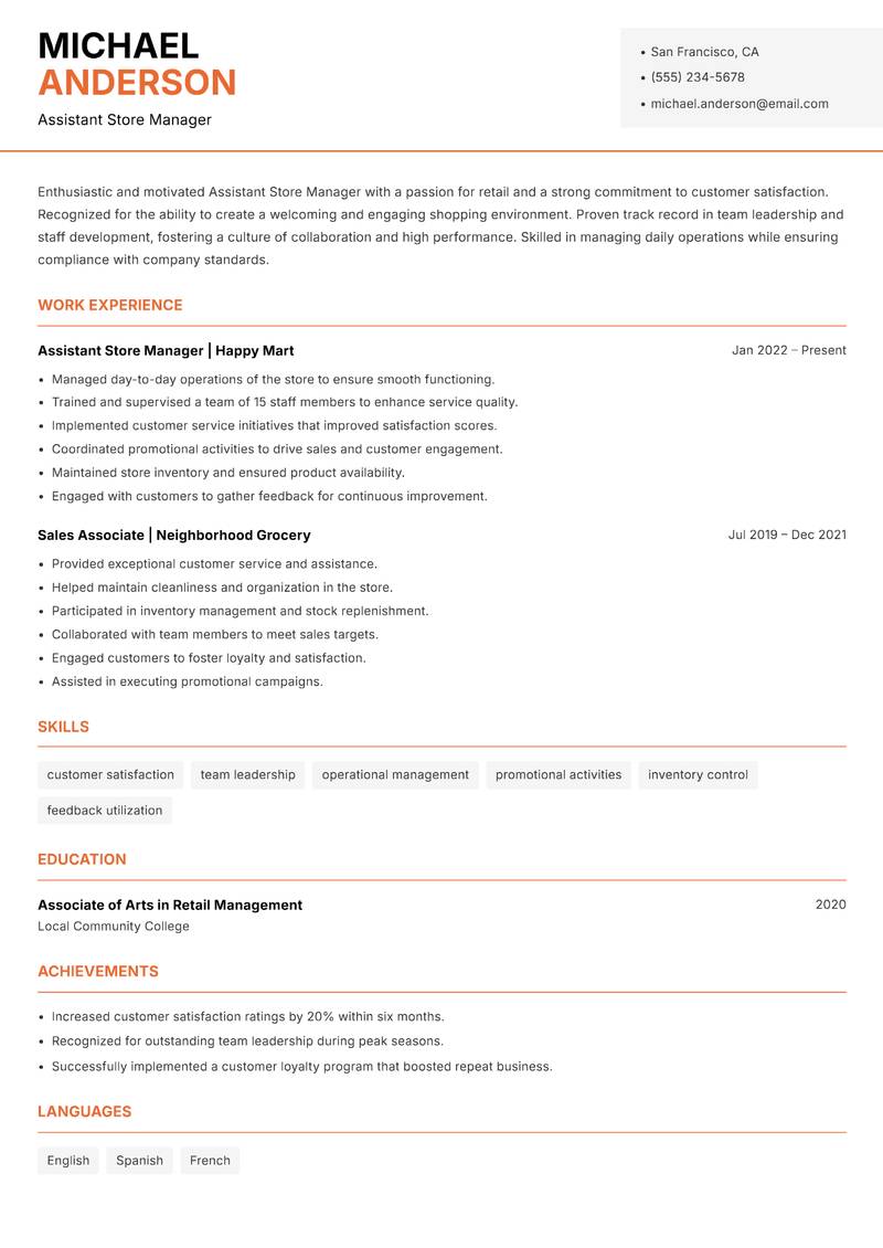 Assistant Store Manager resume template — Modern Professional