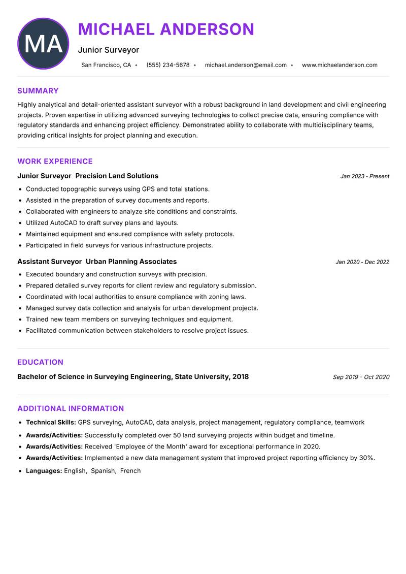 Assistant Surveyor resume example — ATS-friendly template