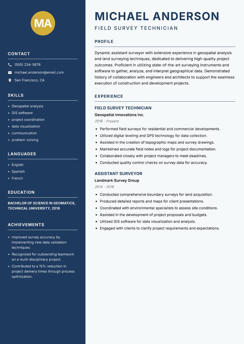 Assistant Surveyor resume template — Classic Clean