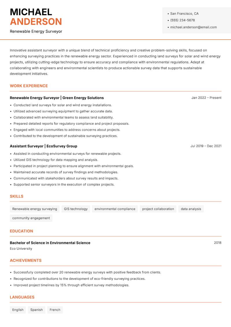 Assistant Surveyor resume template — Modern Professional