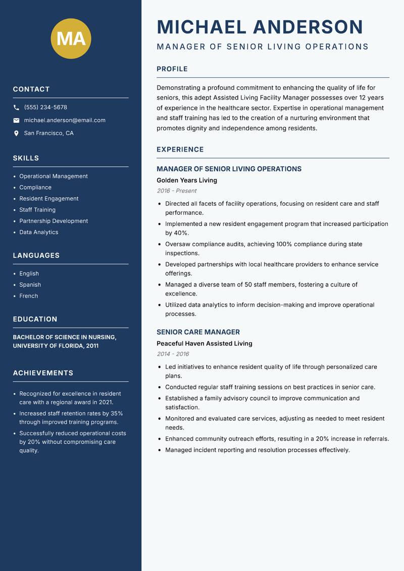 Assisted Living Facility Manager resume template — Classic Clean