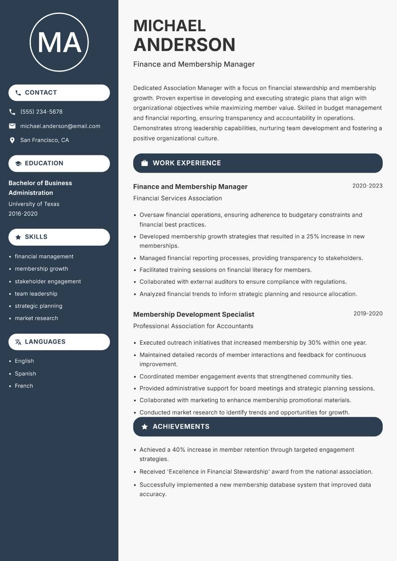 Association Manager resume template — Compact