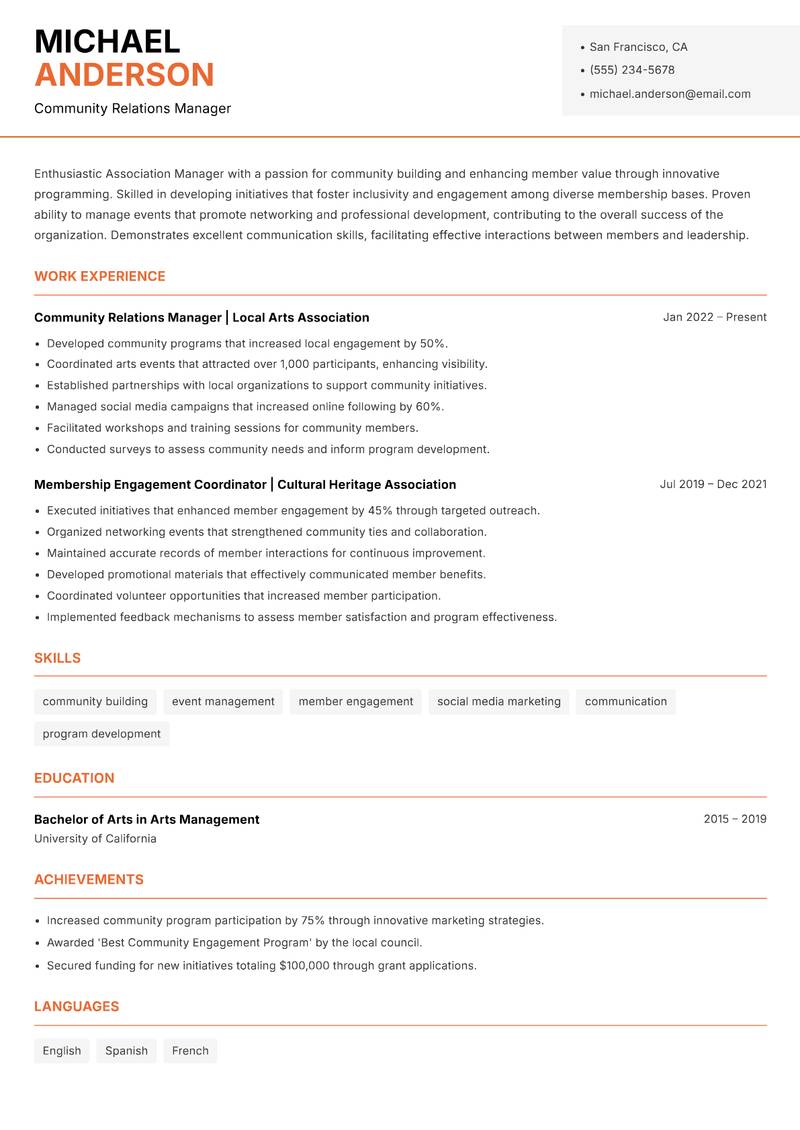 Association Manager resume template — Modern Professional