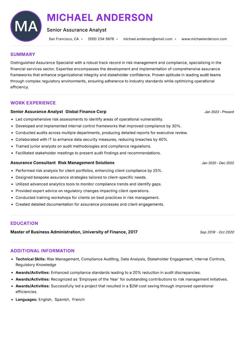Assurance Specialist resume example — Auditing
