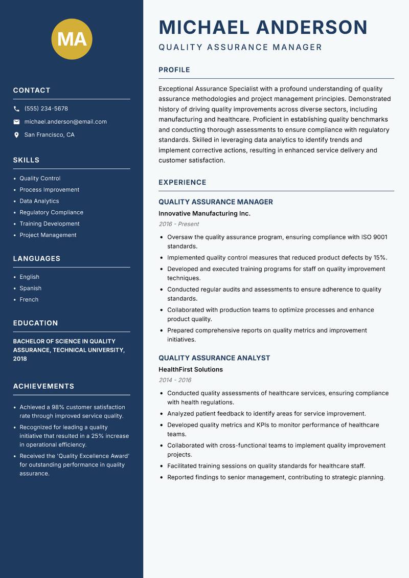 Assurance Specialist resume template — Classic Clean