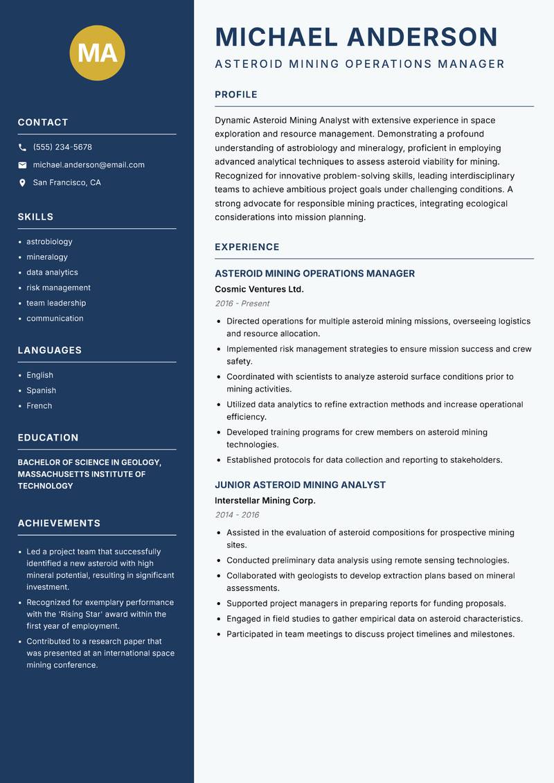 Asteroid Mining Analyst resume template — Classic Clean