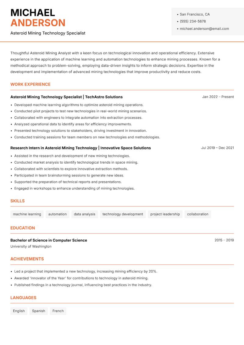 Asteroid Mining Analyst resume template — Modern Professional