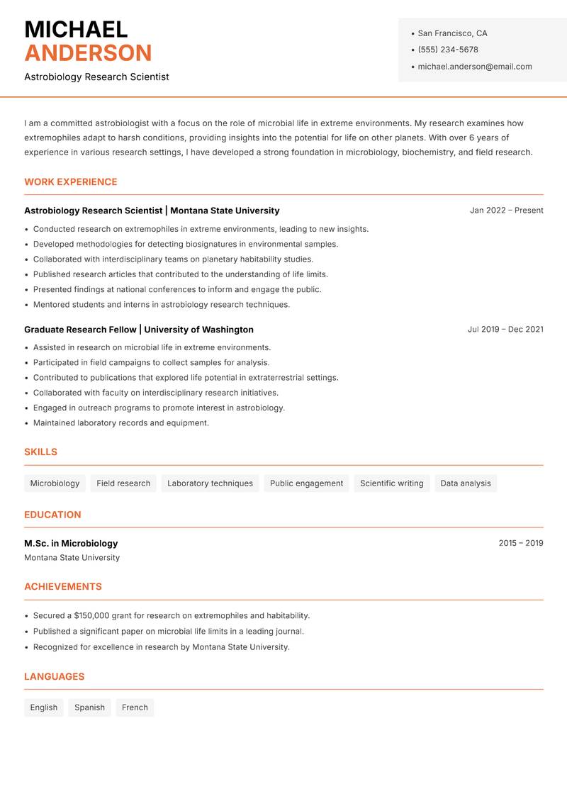 Astrobiologist resume template — Modern Professional