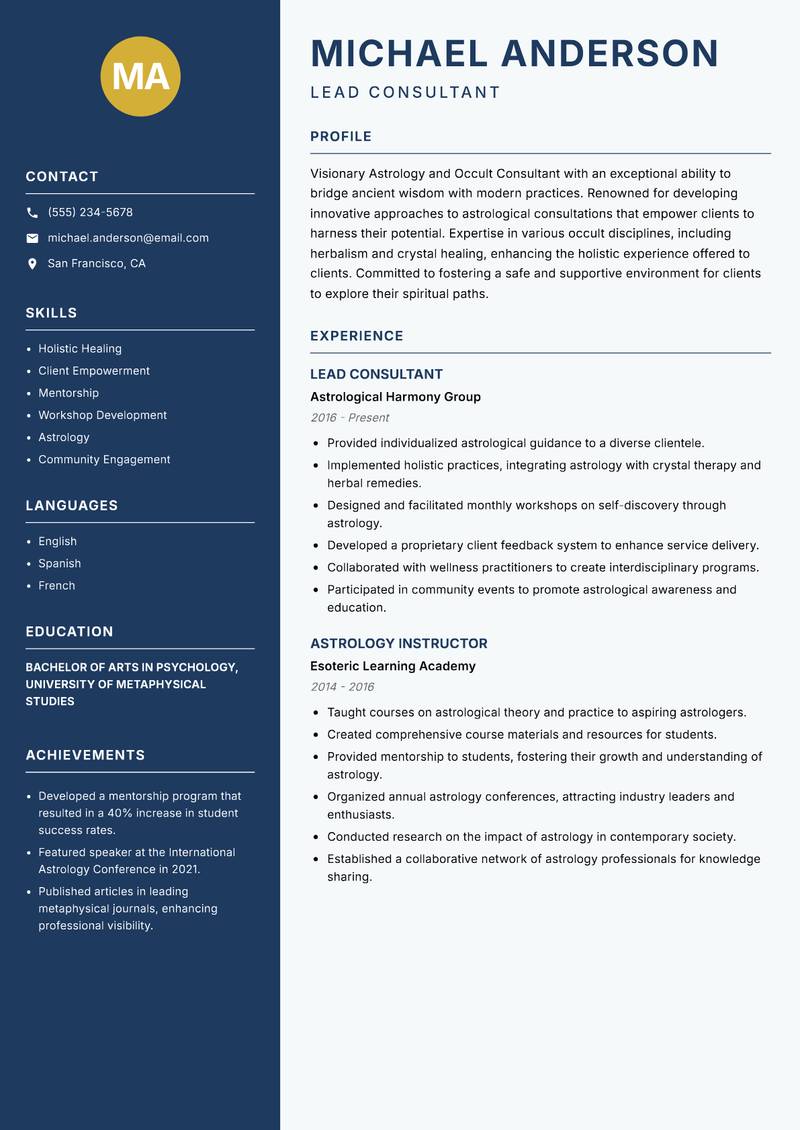 Astrology and Occult Consultant resume template — Classic Clean