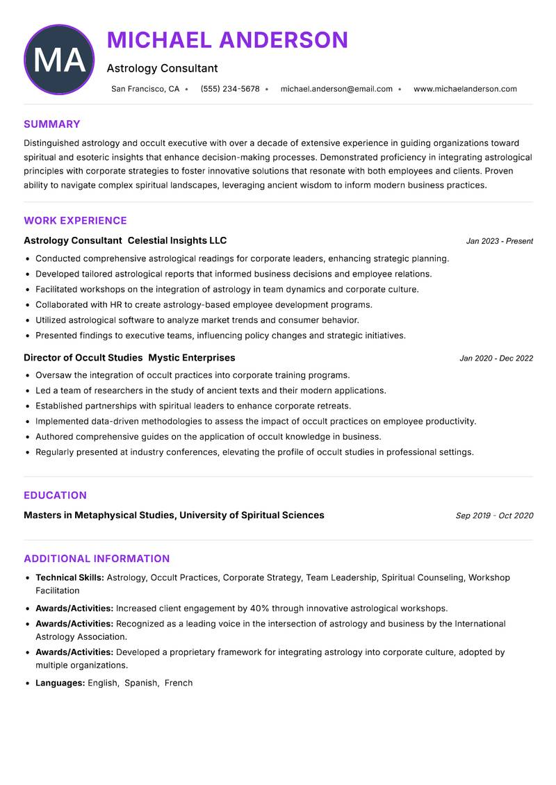 Astrology and Occult Executive resume example — ATS-friendly template