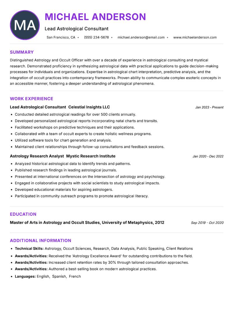 Astrology and Occult Officer resume example — ATS-friendly template