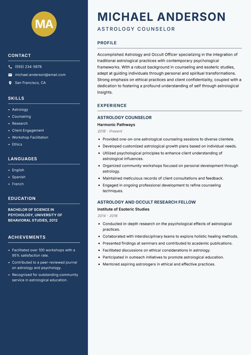 Astrology and Occult Officer resume template — Classic Clean