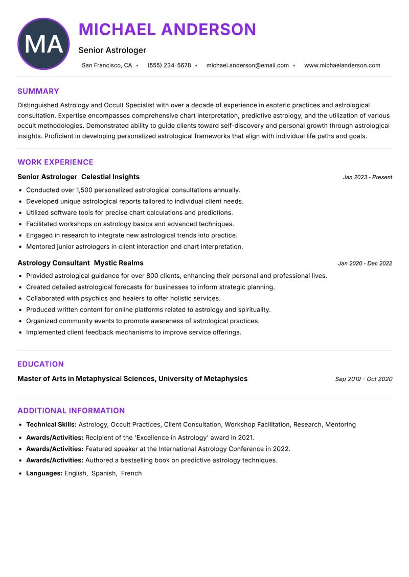 Astrology and Occult Specialist resume example — ATS-friendly template