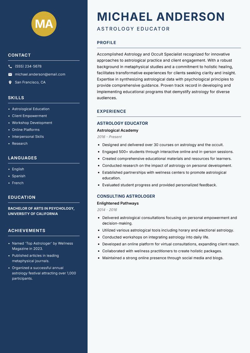 Astrology and Occult Specialist resume template — Classic Clean