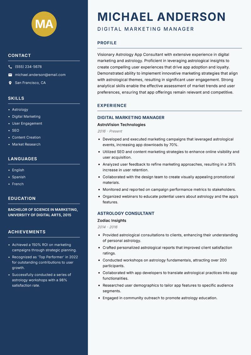 Astrology App Consultant resume template — Classic Clean
