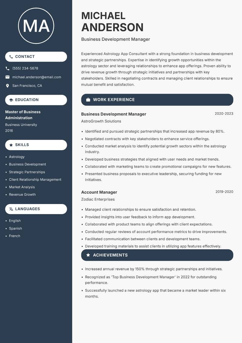 Astrology App Consultant resume template — Compact