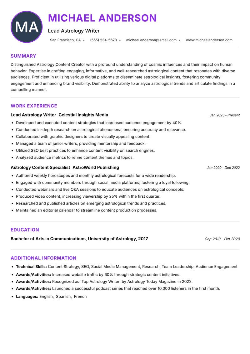 Astrology Content Creator resume example — ATS-friendly template