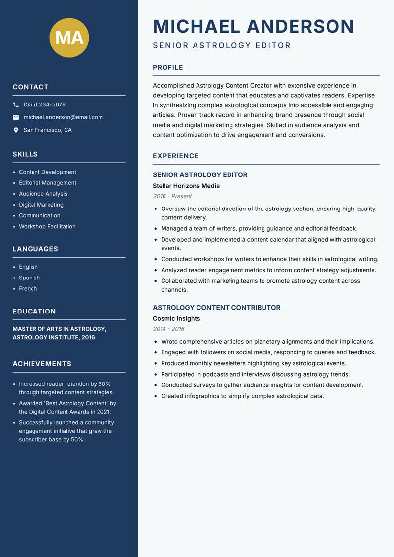 Astrology Content Creator resume template — Classic Clean