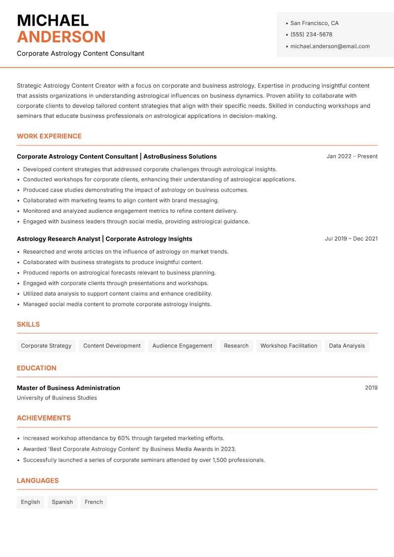 Astrology Content Creator resume template — Modern Professional