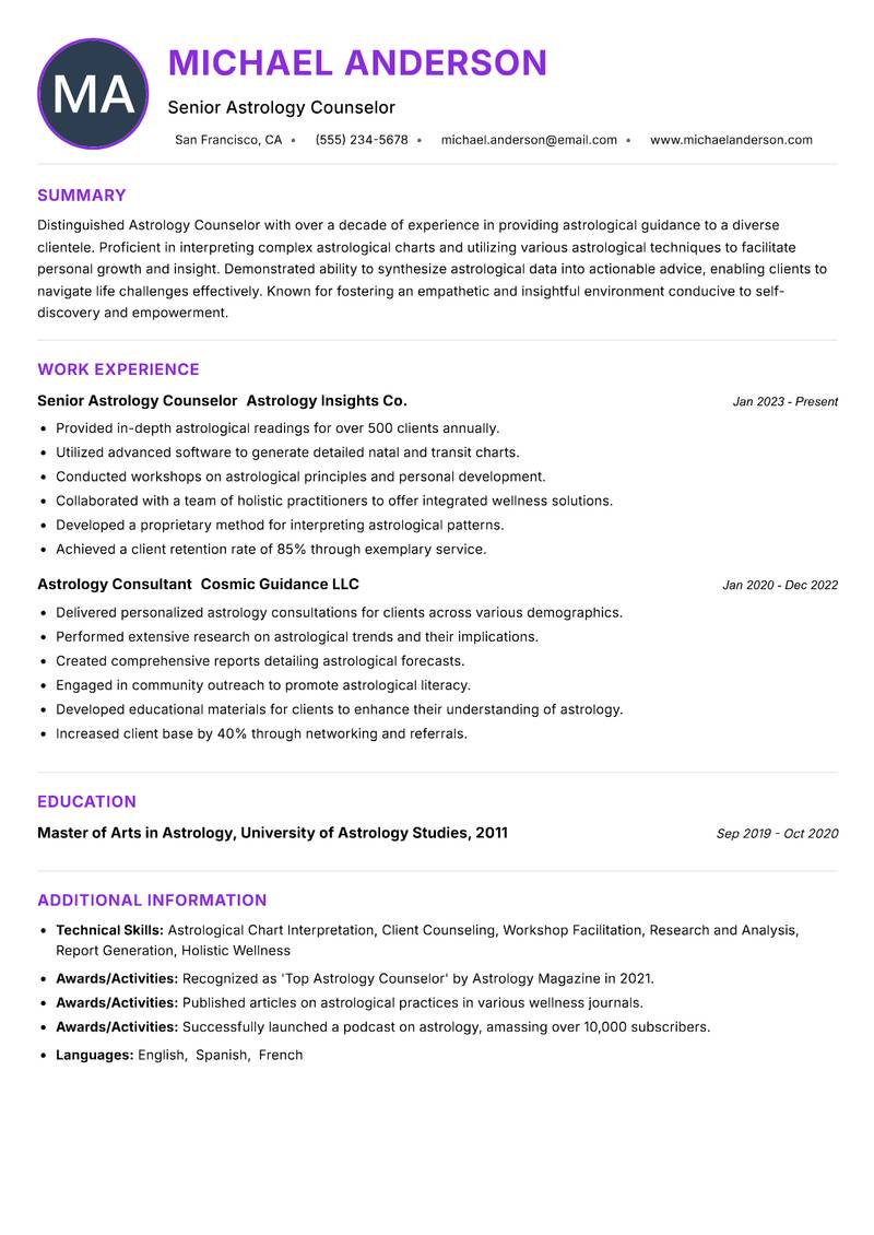 Astrology Counselor resume example — ATS-friendly template