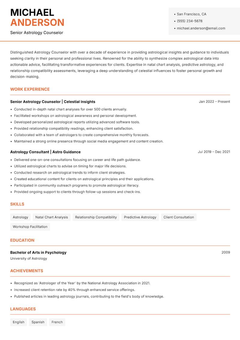 Astrology Counselor resume template — Modern Professional